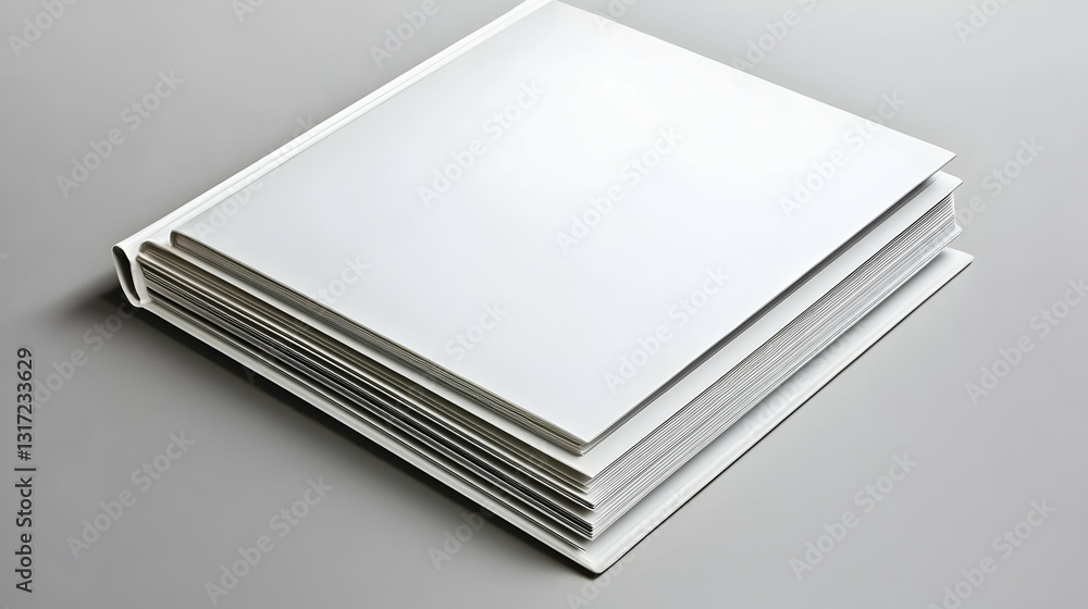 Poster thick white book with blank pages stacked high on a simple gray background in a minimalist studio sh