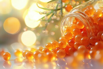 Glass jar spilling orange balls, bokeh background, with greenery