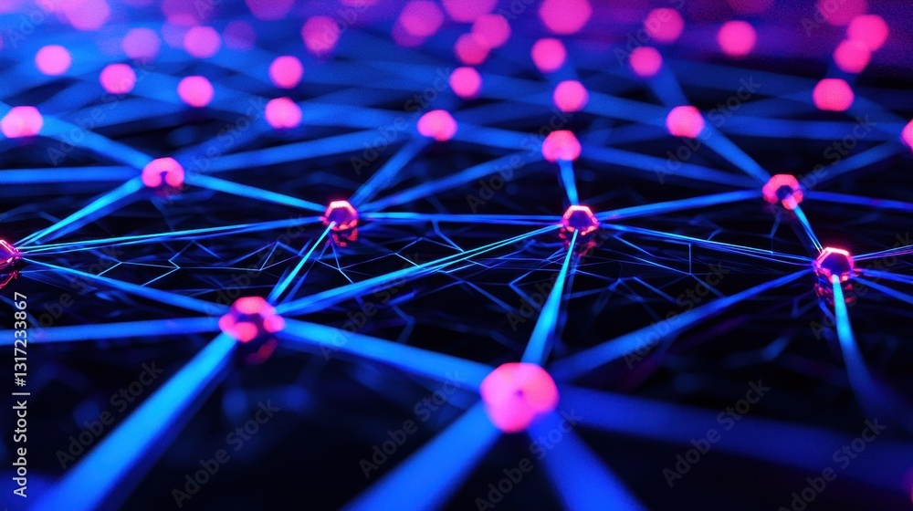 Poster futuristic digital network with neon lights and nodes in 3d space
