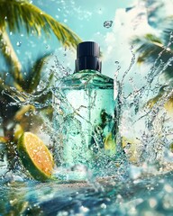 Aqua Perfume Bottle Splashing Water Lime Tropical Leaves Summer Photography