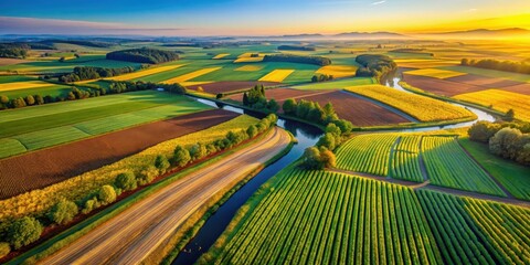 Aerial View of a Serene Rural Landscape with Intertwined Waterways and Lush Green Fields Illuminated by the Golden Glow of Sunset