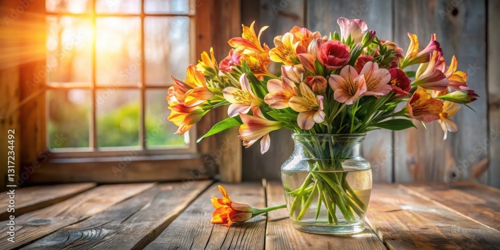 Poster a rustic bouquet of delicate flowers in a glass vase on a weathered wooden table with a brightly lit