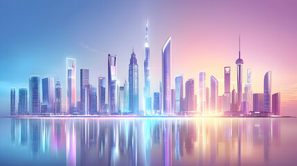 Fototapeta premium Futuristic city skyline at sunset, reflecting in calm water; ideal for technology, travel, or urban development projects