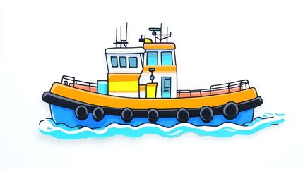 Colorful Cartoon Tugboat Illustration Sailing Across Ocean Waves in Bright, Playful Style