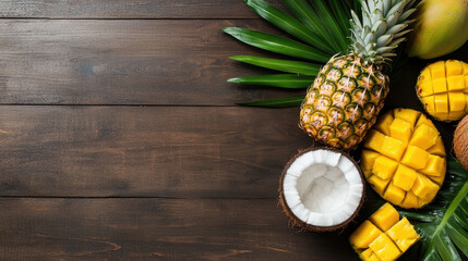 Fresh tropical fruits including pineapple, mango, and coconut on wooden background