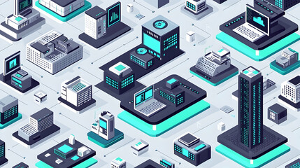 Fototapeta premium Isometric illustration of interconnected devices and buildings, showcasing digital infrastructure and global networking. Use Tech, business, and network concept illustration