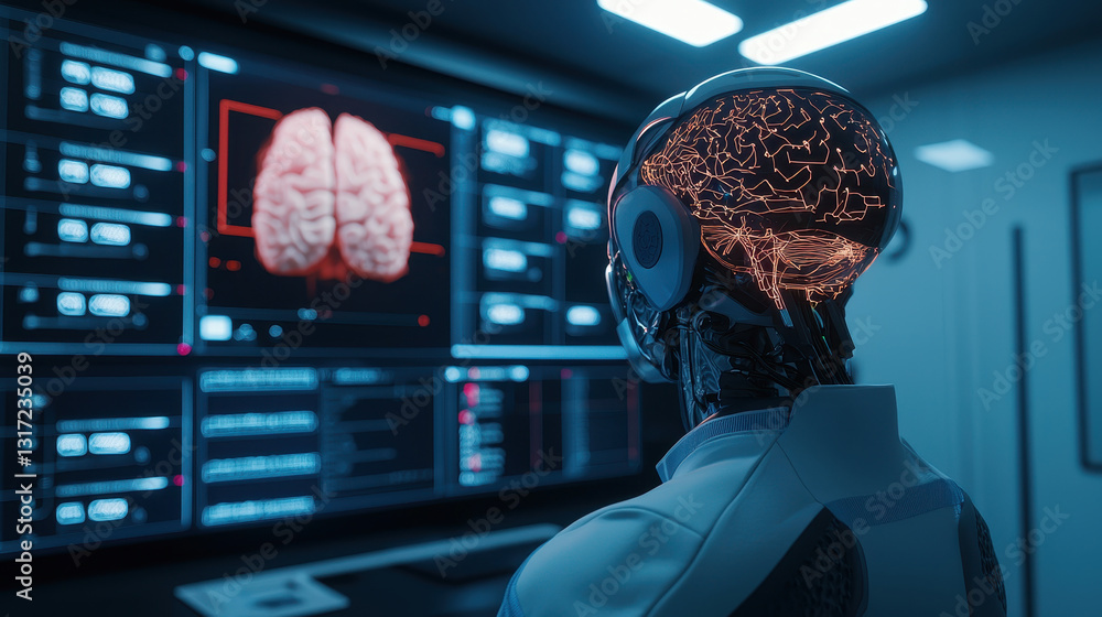 Poster futuristic robot analyzing brain data on digital screen in lab