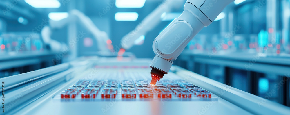 Poster automated robotic arm handling laboratory samples in high tech facility