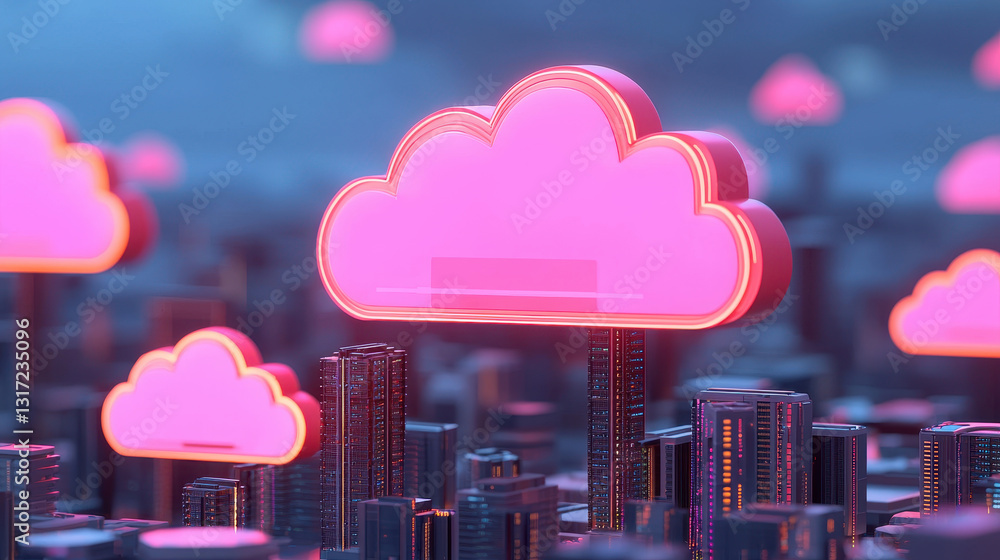 Poster digital cityscape with glowing pink clouds representing cloud computing technology