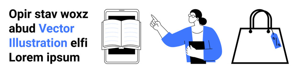 Open book on a smartphone, woman pointing while holding documents, shopping bag with a tag. Ideal for education, e-commerce, learning, technology, communication, knowledge sharing flat landing page