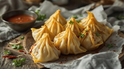 Delicious Steamed Dumplings on Rustic Wooden Plate with Dipping Sauce