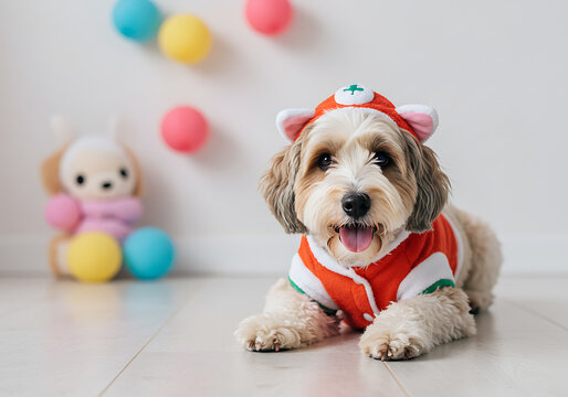 Hay un lindo Malt&eacute;s marr&oacute;n jugando a las enfermeras. Maltesas morenas con trajes.