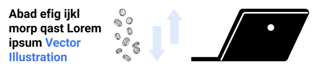 Coins moving with bidirectional arrows toward a laptop represent digital transactions, data flow, and financial exchange. Ideal for fintech, e-commerce, blockchain, and online banking. Abstract line