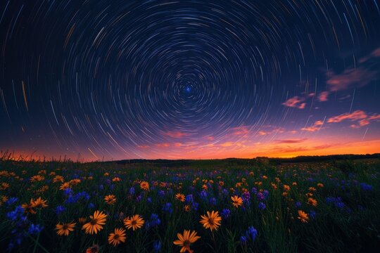 Star trails arc over a vibrant field of wildflowers during a breathtaking sunset.