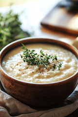 Cozy ceramic bowl of creamy multigrain millet porridge topped with herbs