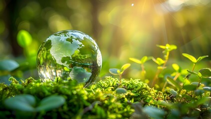 Earth Globe in Green Moss, Ecology Concept, Environmental Conservation