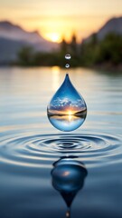 A drop of water is reflected in the water.