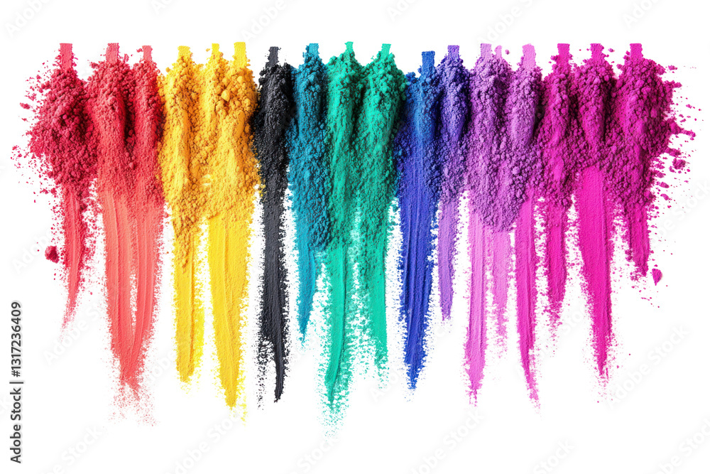 Poster explosive mix of colorful paint powders in a cascading motion, displaying a spectrum of vibrant hues