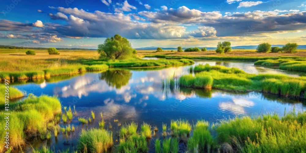 Aufkleber a serene landscape featuring a tranquil pond surrounded by lush greenery, reflecting a majestic sky 