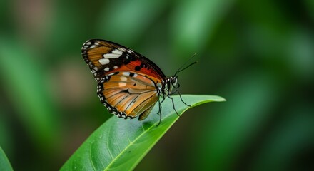 Fototapeta premium Butterfly on Leaf Vibrant Green Background - A vibrant orange and black butterfly rests gently on a lush green leaf, symbolizing nature, tranquility, transformation, beauty, and freedom