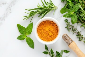 Overhead View of Vibrant Assortment of Fresh Herbs and Turmeric Spice on Marble Surface