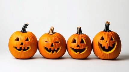 Fototapeta premium Four grinning jack o'lanterns lined up against a bright neutral background