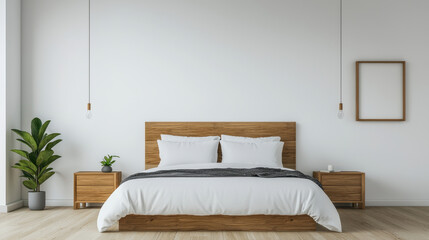 Modern bedroom with wooden bed, white bedding, and plants