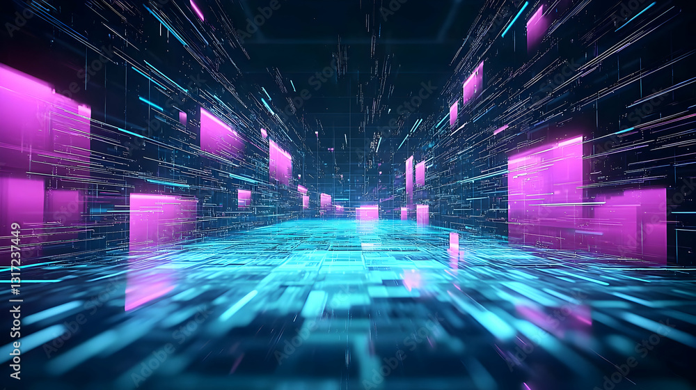 Poster dynamic futuristic digital data stream with pink and blue neon cubes in a dark cyberspace tunnel wit