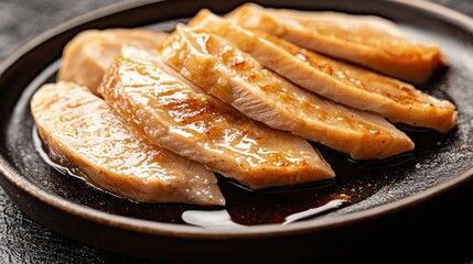 Sliced chicken breast with a golden glaze on a dark plate, appetizing