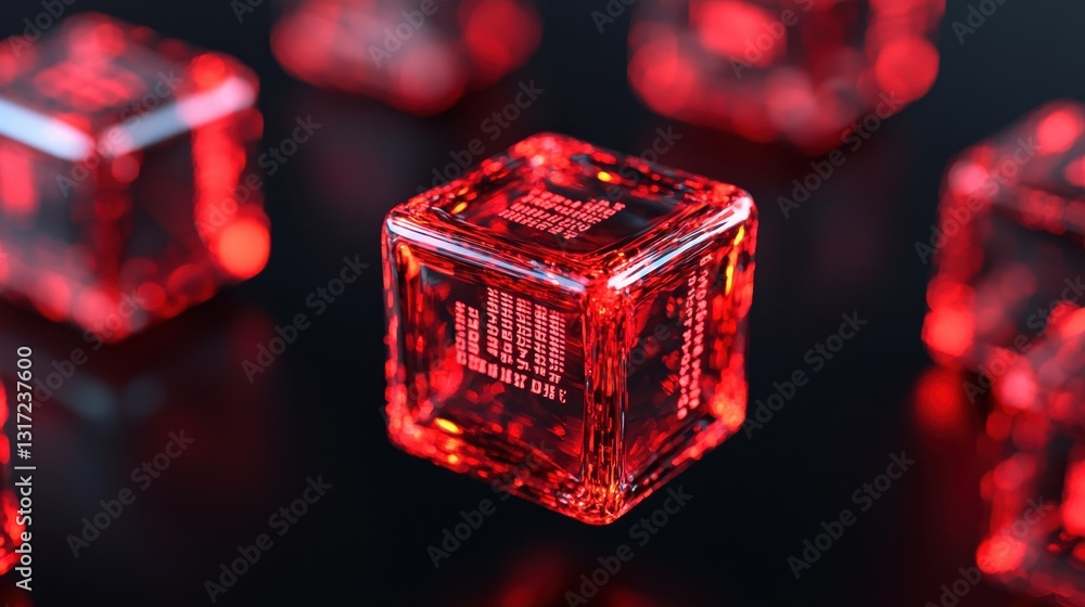 Poster transparent red ice cubes with intricate patterns floating