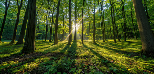 Fototapeta premium A lush green forest with sunlight gently filtering through the dense foliage of tall trees, creating a serene and natural ambiance.