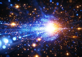 Naklejka premium Abstract Digital Energy Burst with Blue and Gold Glowing Particles