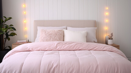 Cozy bedroom with pink bedding, decorative pillows, and warm lights