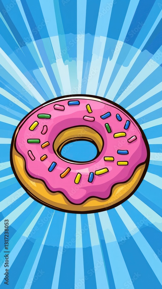 Poster this image features a bright pink frosted donut topped with colorful sprinkles, centered against a r