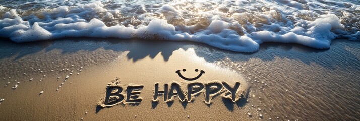 The words "BE HAPPY" are written in the sand on an exotic beach, with waves gently lapping at its edges and a smiley face drawn into it. 