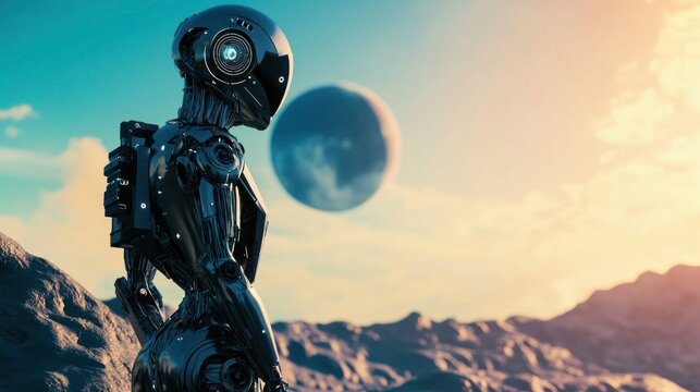 Futuristic Robot Explorer on an Alien World contemplating its Horizon