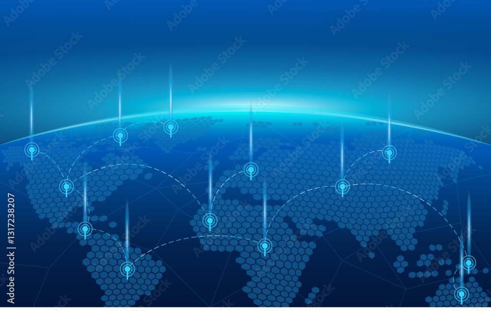 Wall mural network background word map, world map in hexagon shape on blue technological background global netw