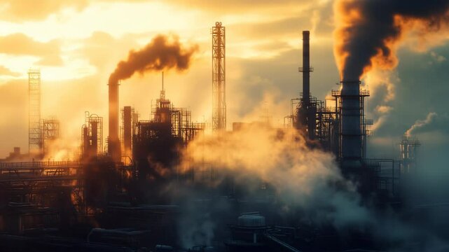 Steampunk sunset over an industrial cityscape a vision of futuristic engineering and power plants

