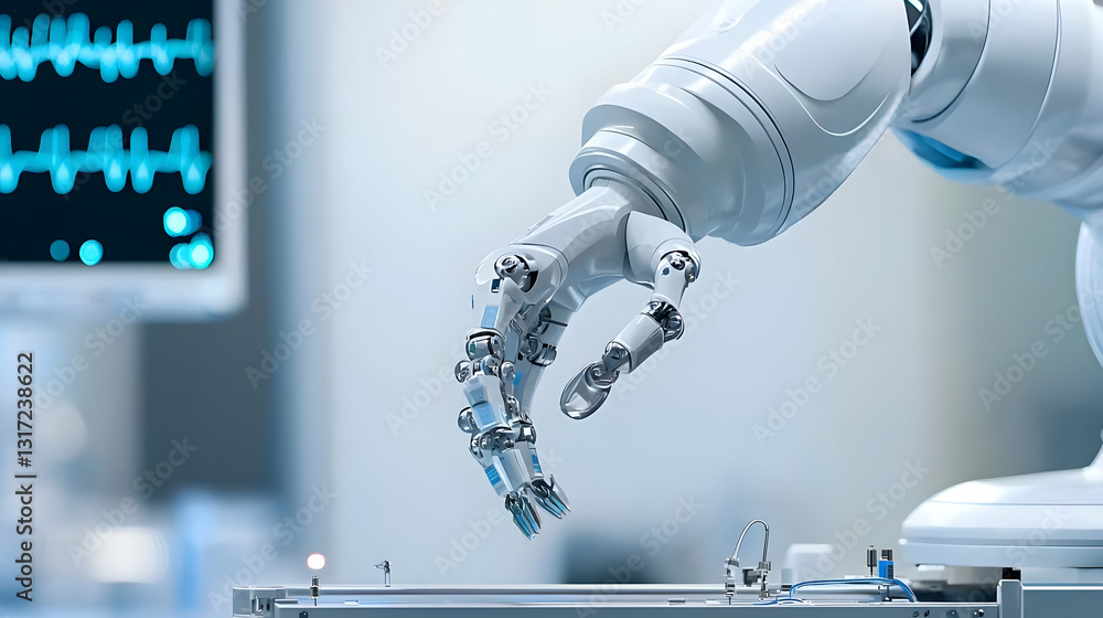 Poster white robot arm picking up small object in medical setting