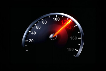 Speedometer with needle at 120 mile per hour , Illustration of a car dashboard with glowing speedometer on a black background , Automotive concept