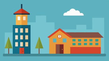 Obraz premium School Building Heights A tall modern school building ing affluent neighborhoods beside a small rundown school house ing underprivileged areas.