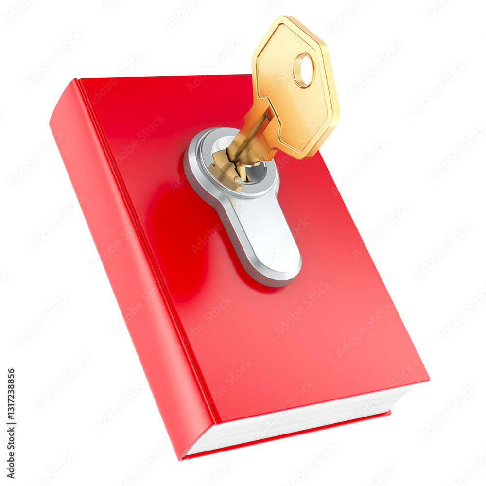 Poster book with key. key of knowledge, concept. 3d rendering isolated on transparent background