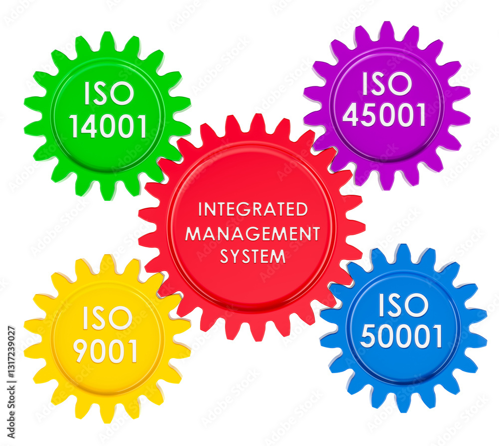 Poster ims, integrated management systems concept from gears. 3d rendering isolated on transparent backgrou