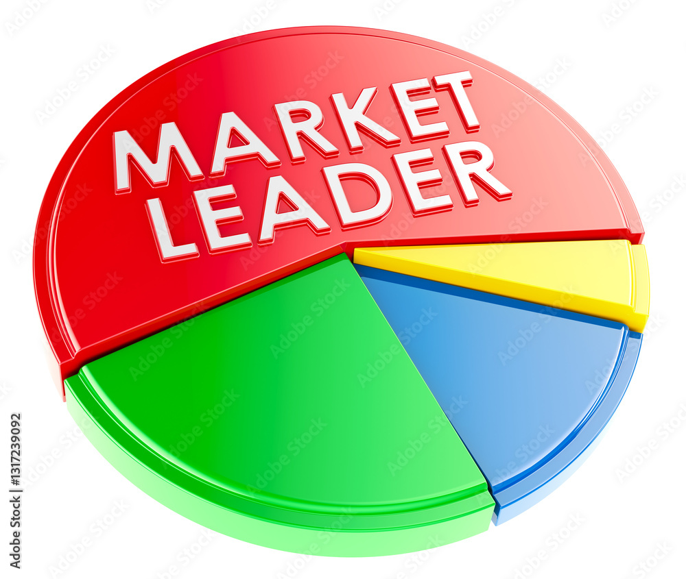 Poster market leader concept with pie chart, 3d rendering isolated on transparent background