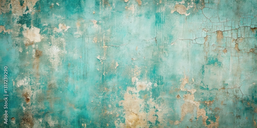 Poster a weathered teal wall with peeling paint, revealing a layer of aged concrete underneath, creating a 