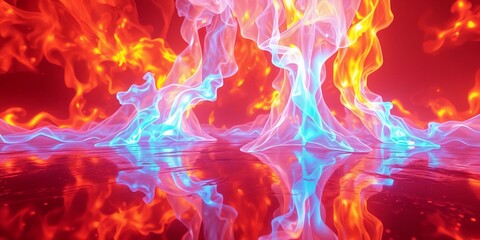 a vibrant artistic depiction of intertwining blue and orange flames, with reflections on a glossy surface, creating a striking visual contrast.