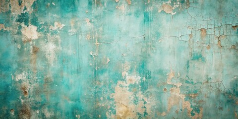 A weathered teal wall with peeling paint, revealing a layer of aged concrete underneath, creating a rustic and textured backdrop.