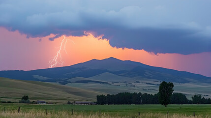 Obraz premium Lightning strike over mountain range at sunset, rural landscape background; perfect for weather, nature, or travel publications