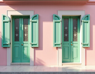 Fototapeta premium A charming pastel pink house with mint green doors, featuring elegant shutters and soft morning light. Generative AI