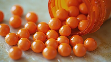 Pills spill from an open bottle, resting on a patterned surface, viewed in a close-up shot